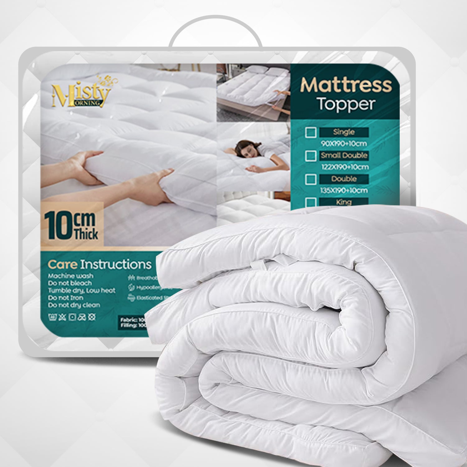 MistyMorning Mattress Topper Single Bed 4 Inch/10cm - Hotel Quality Comfort, Ultra-Soft Hypoallergenic Heavy Fill Microfiber, Elastic Straps - Anti-Dust Mite Protection