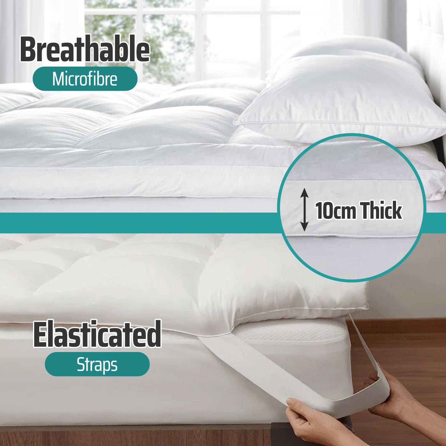 MistyMorning Mattress Topper Single Bed 4 Inch/10cm - Hotel Quality Comfort, Ultra-Soft Hypoallergenic Heavy Fill Microfiber, Elastic Straps - Anti-Dust Mite Protection